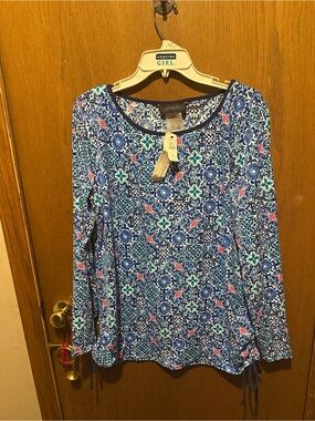 Talbots Blue Patterned Long-Sleeve swim Top